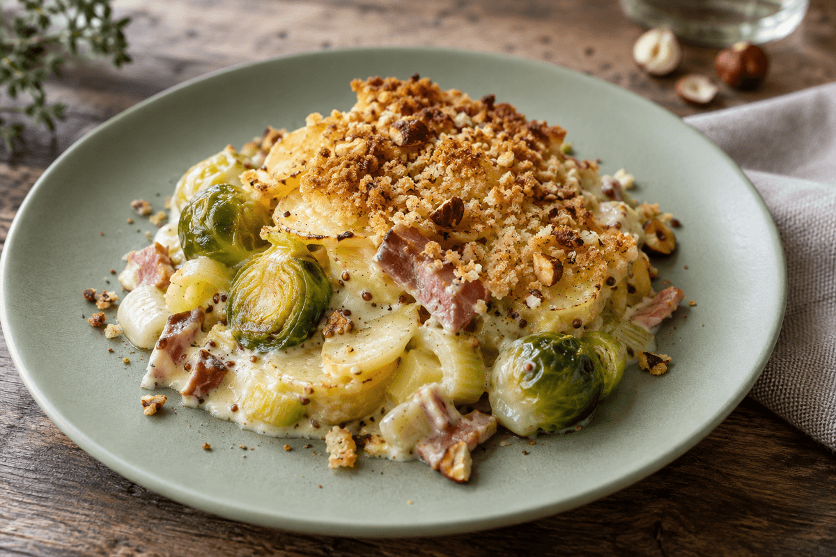 Rosenkålsgratin med røget skinke, kartoffel, porre, sennepsbéchamel og hasselnøddeknas
