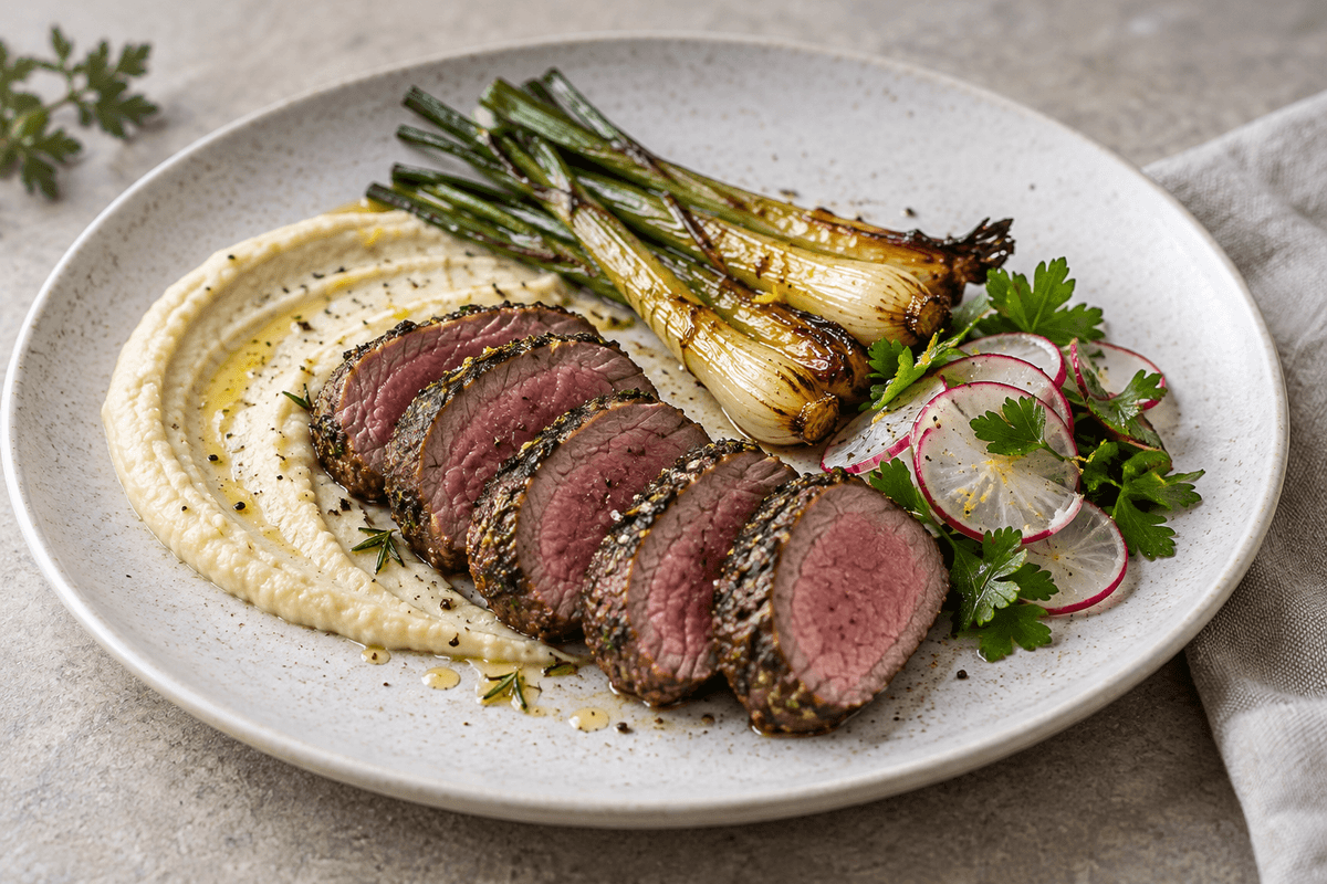 Rosmarinstegt lammefilet med honningbagte forårsløg, citronbønnepuré og radisesalat
