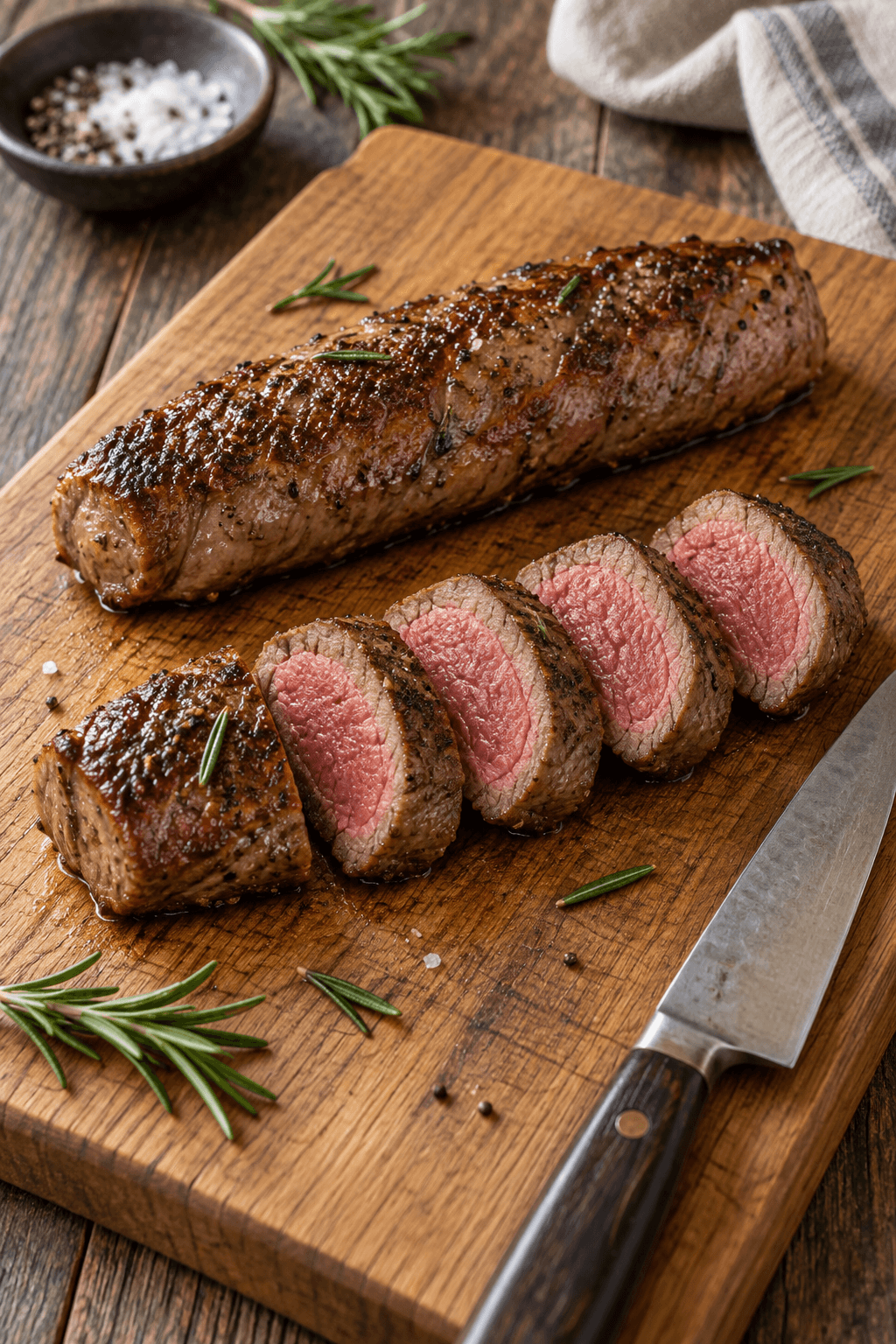 Et rosa lammefilet skåret i fem tykke stykker ved siden af et helt filet