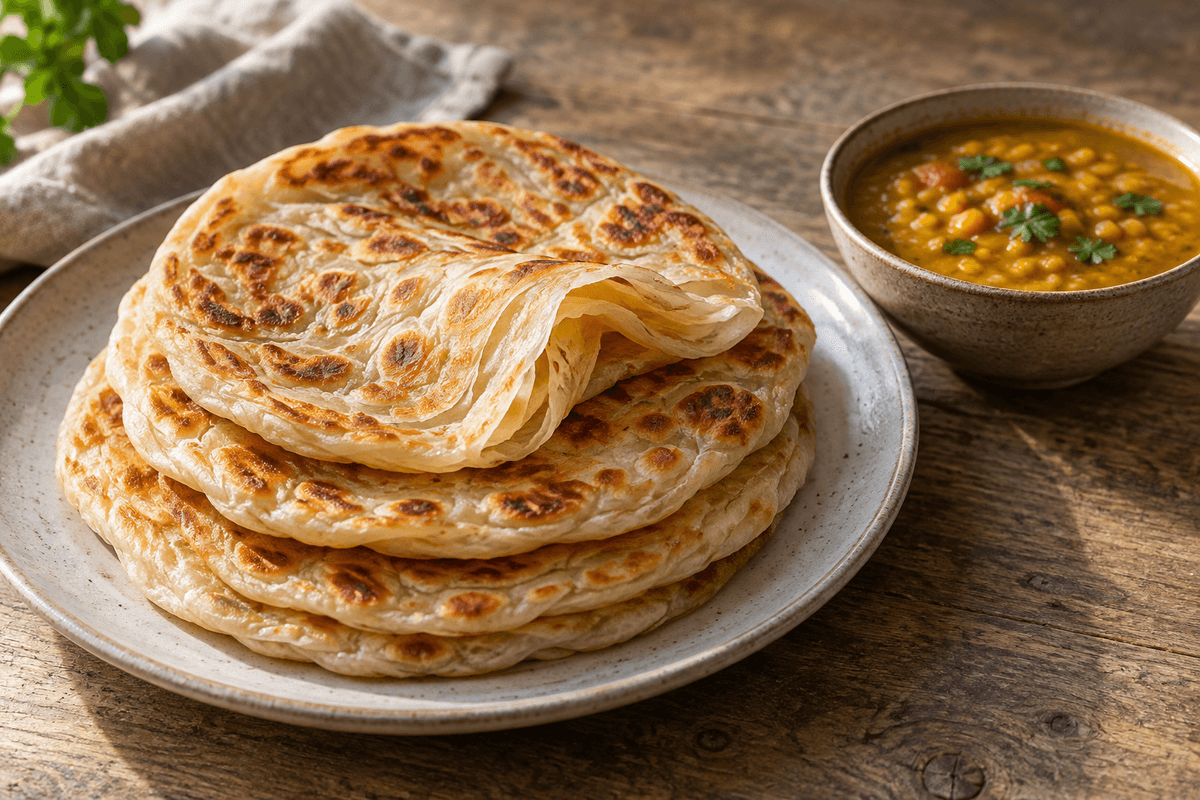 Fire gyldne roti canai med sprøde lag ved siden af en lille skål dhal