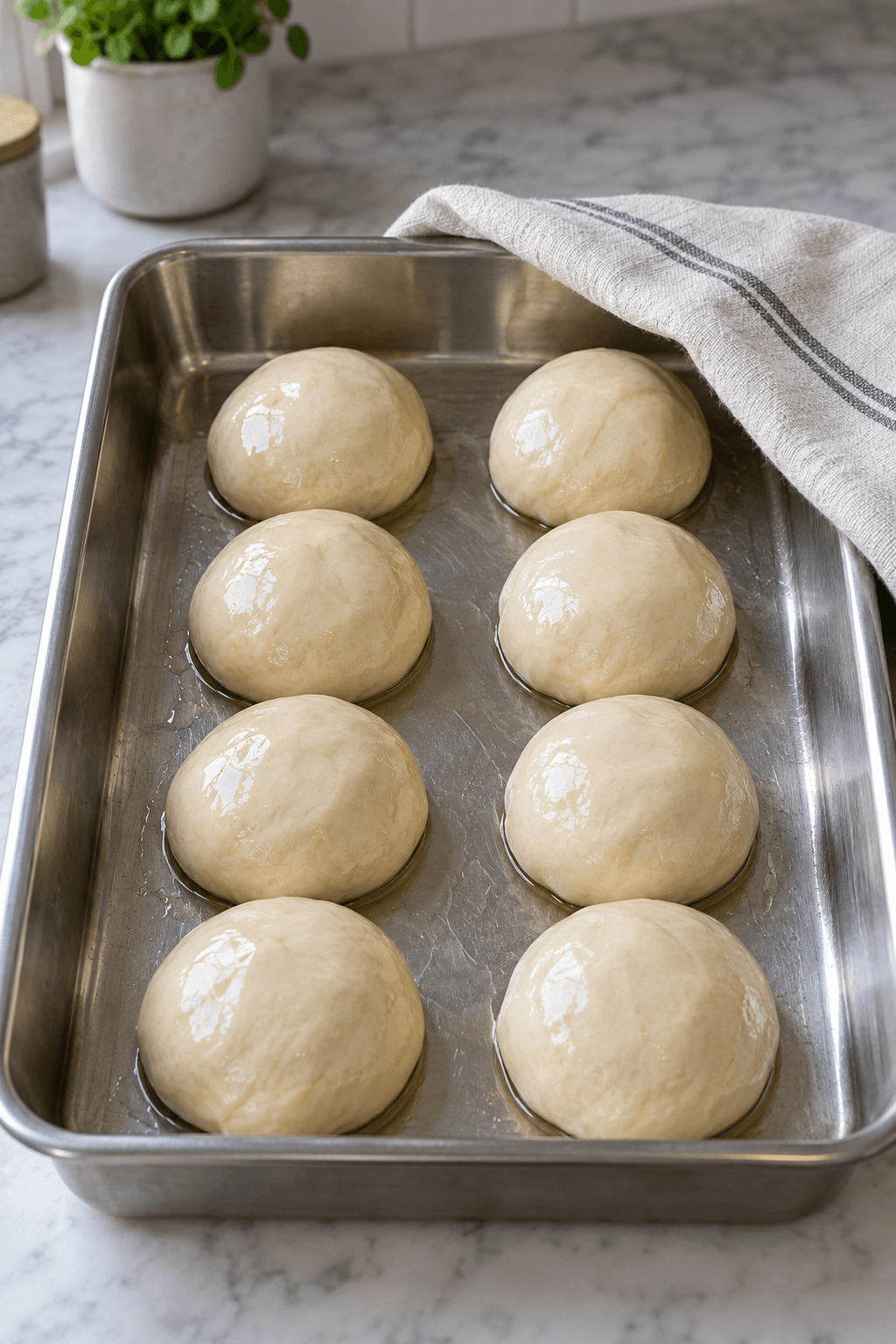 Otte olierede roti canai-dejkugler hviler tildækket i én bakke