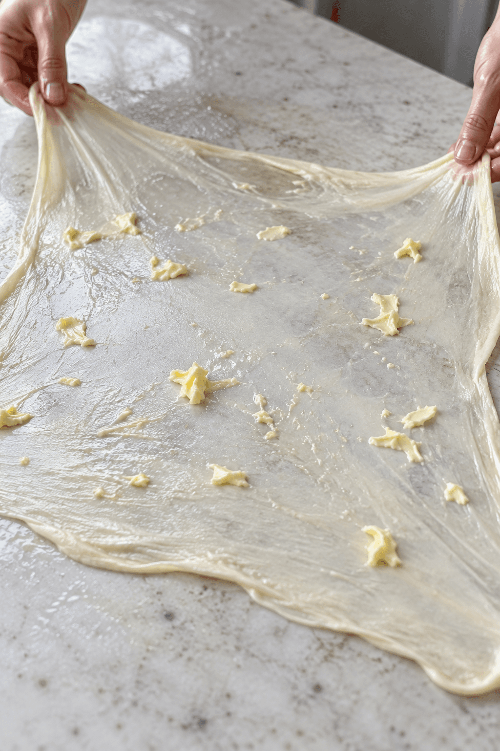 Roti canai-dej strækkes næsten gennemsigtig og prikkes med blødt smør