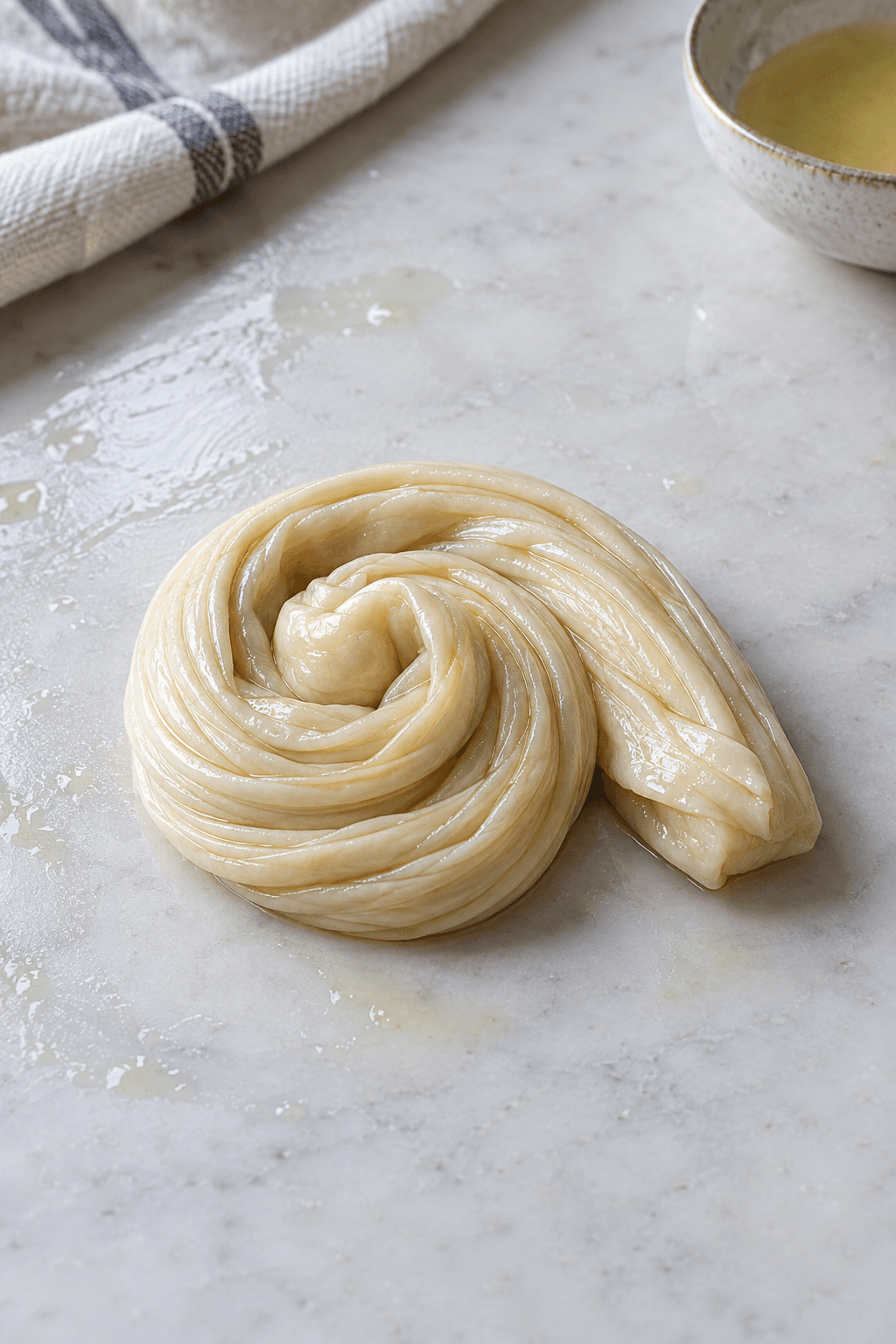 Ét smurt dejbånd er foldet og rullet til en løs roti canai-spiral