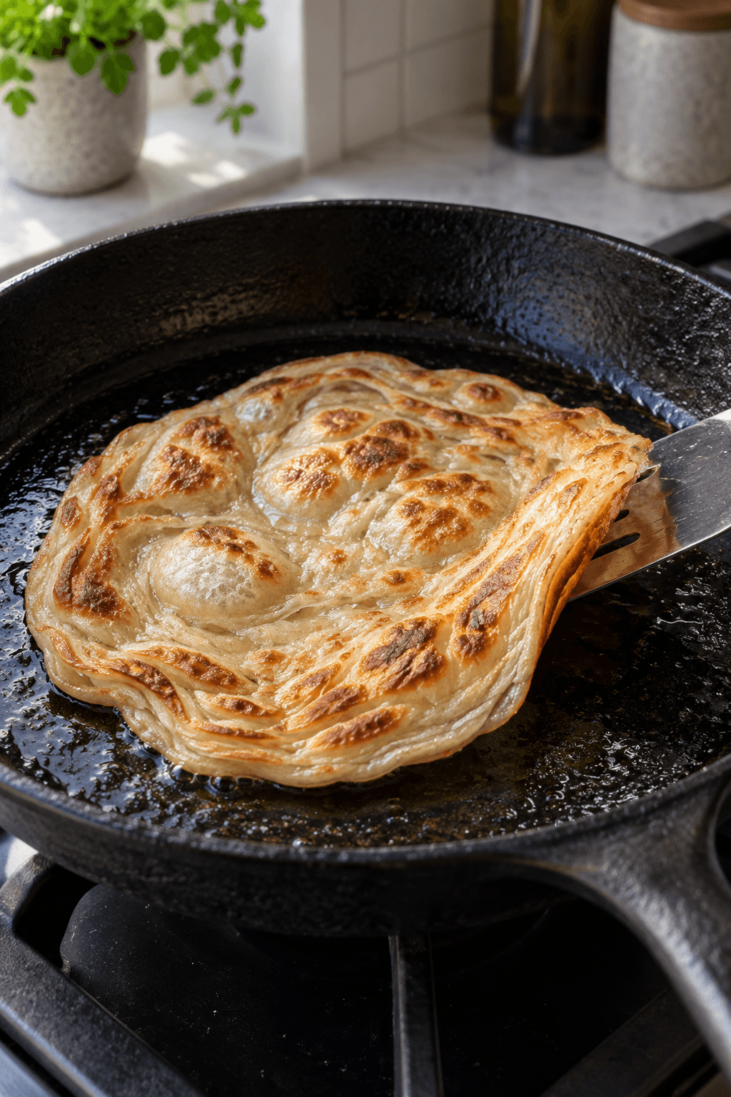 Ét roti canai-brød steger gyldent og bobler på en mørk pande
