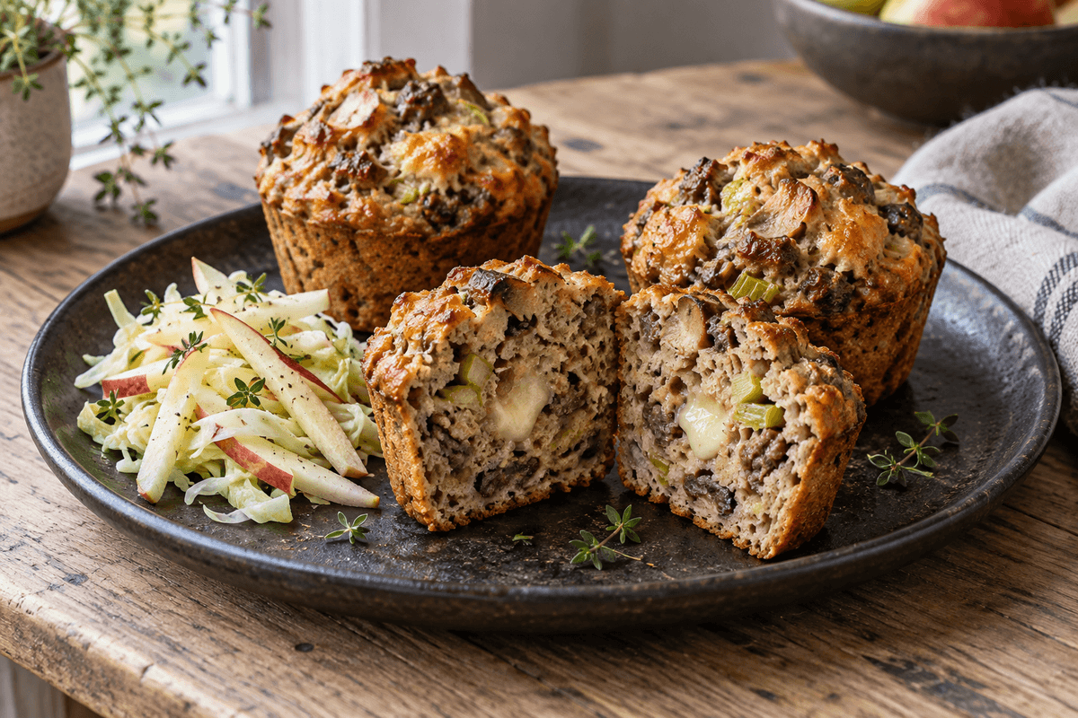 Tre rug-madmuffins med oksekød, svampe, porre, smeltet ostekerne og æble-kålsalat