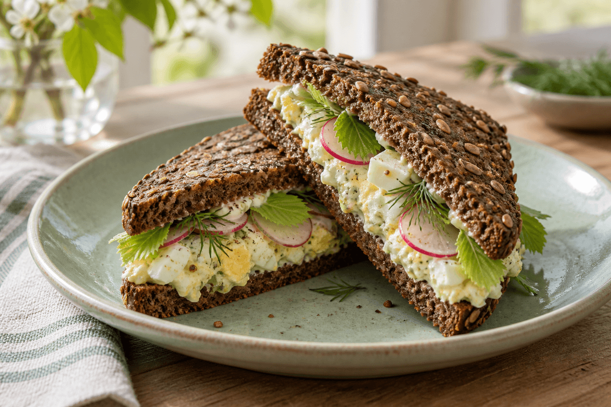 Rugbrødssandwich med æggecreme, unge bøgeblade, radise og dild