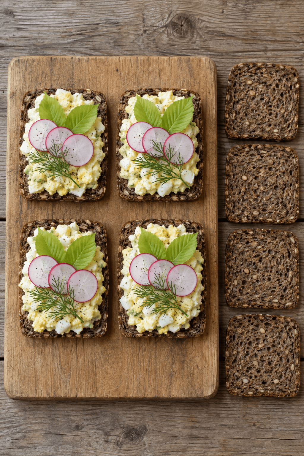 Fire åbne rugbrødssandwiches med æggecreme, radise, bøgeblade og dild