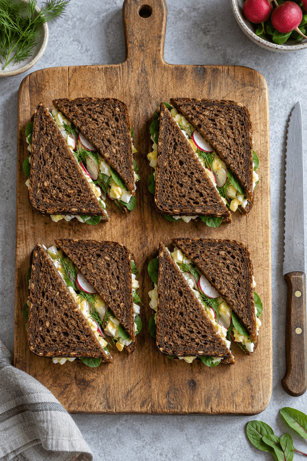 Fire rugbrødssandwiches skåret til otte halve på ét bræt