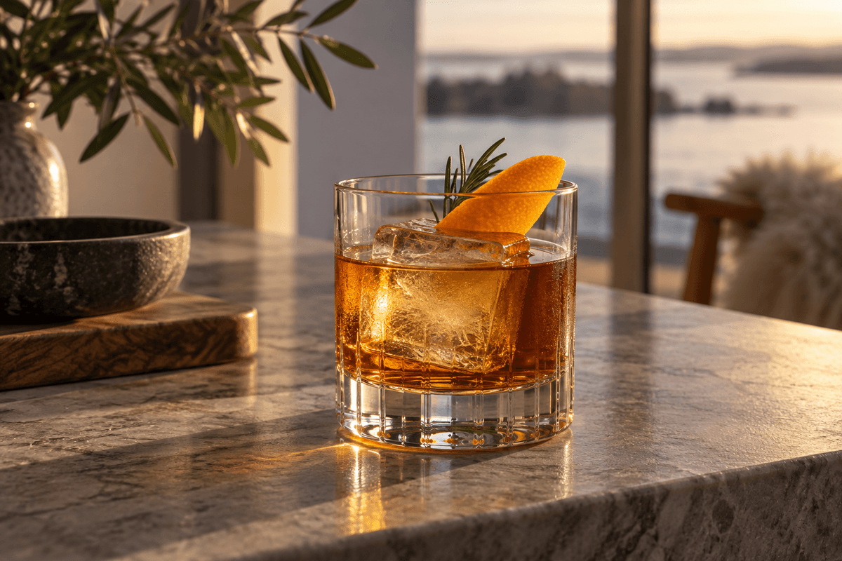 Rusty Nail med skotsk whisky, appelsinskal og en lille rosmarinspids