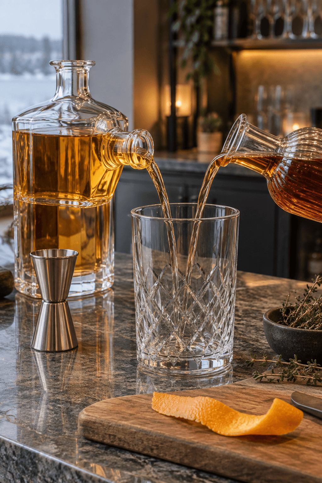 Skotsk whisky og honningurtelikør måles i ét mixingglas