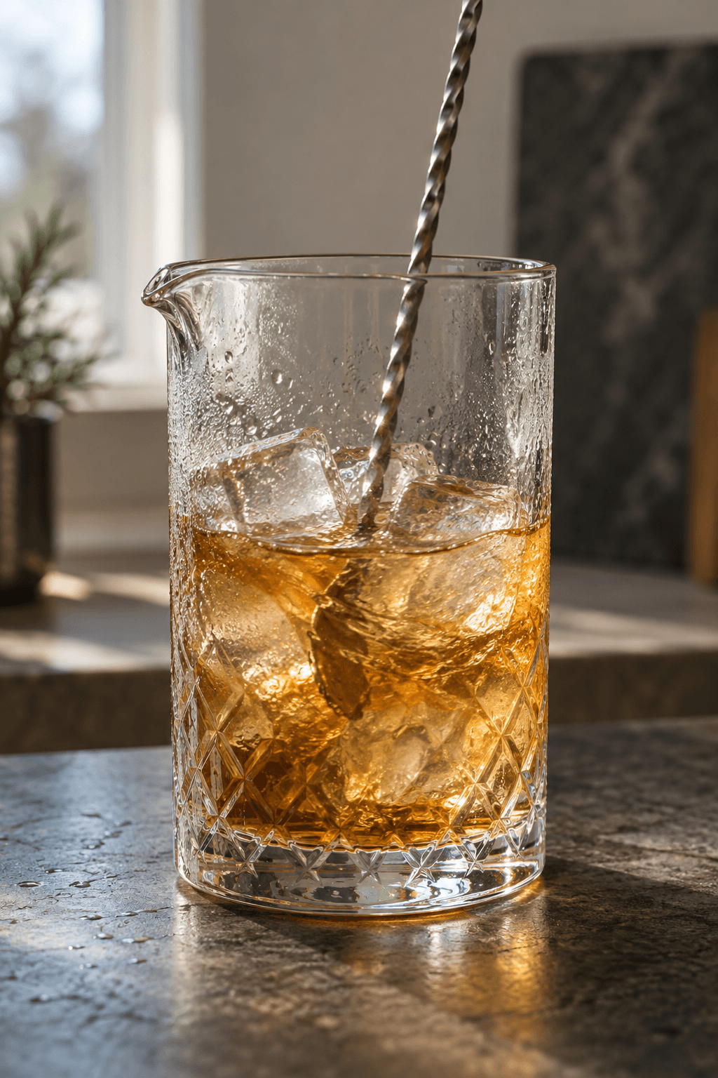 Rusty Nail røres kold med store isterninger i ét mixingglas