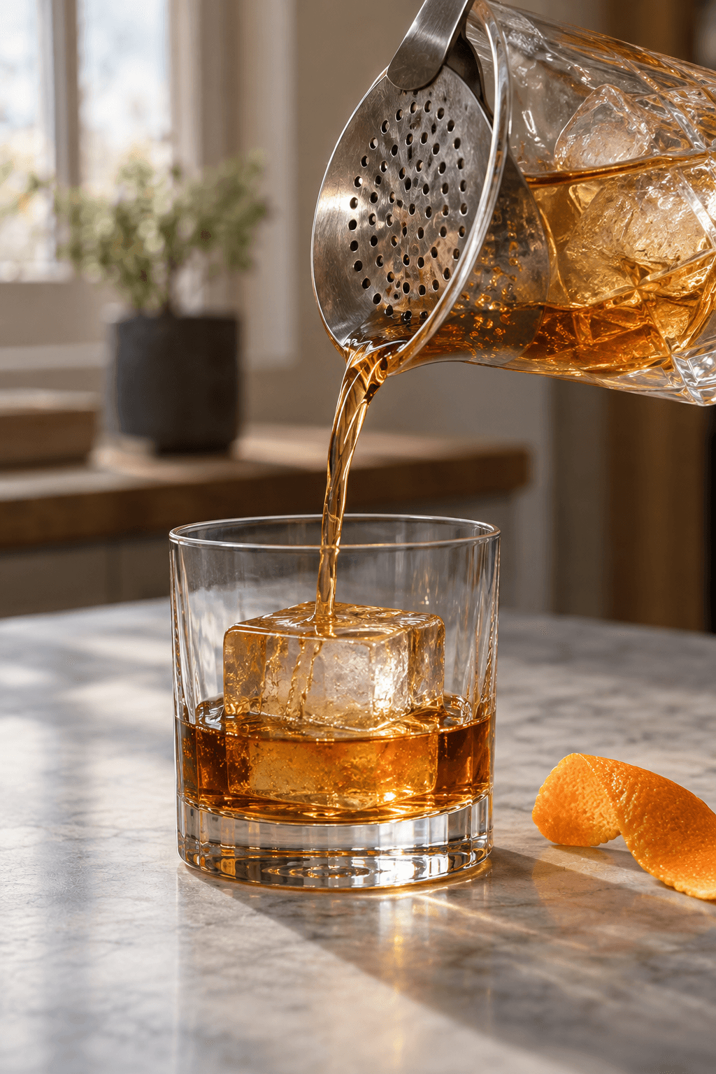 Klar ravfarvet Rusty Nail sies over én stor isterning