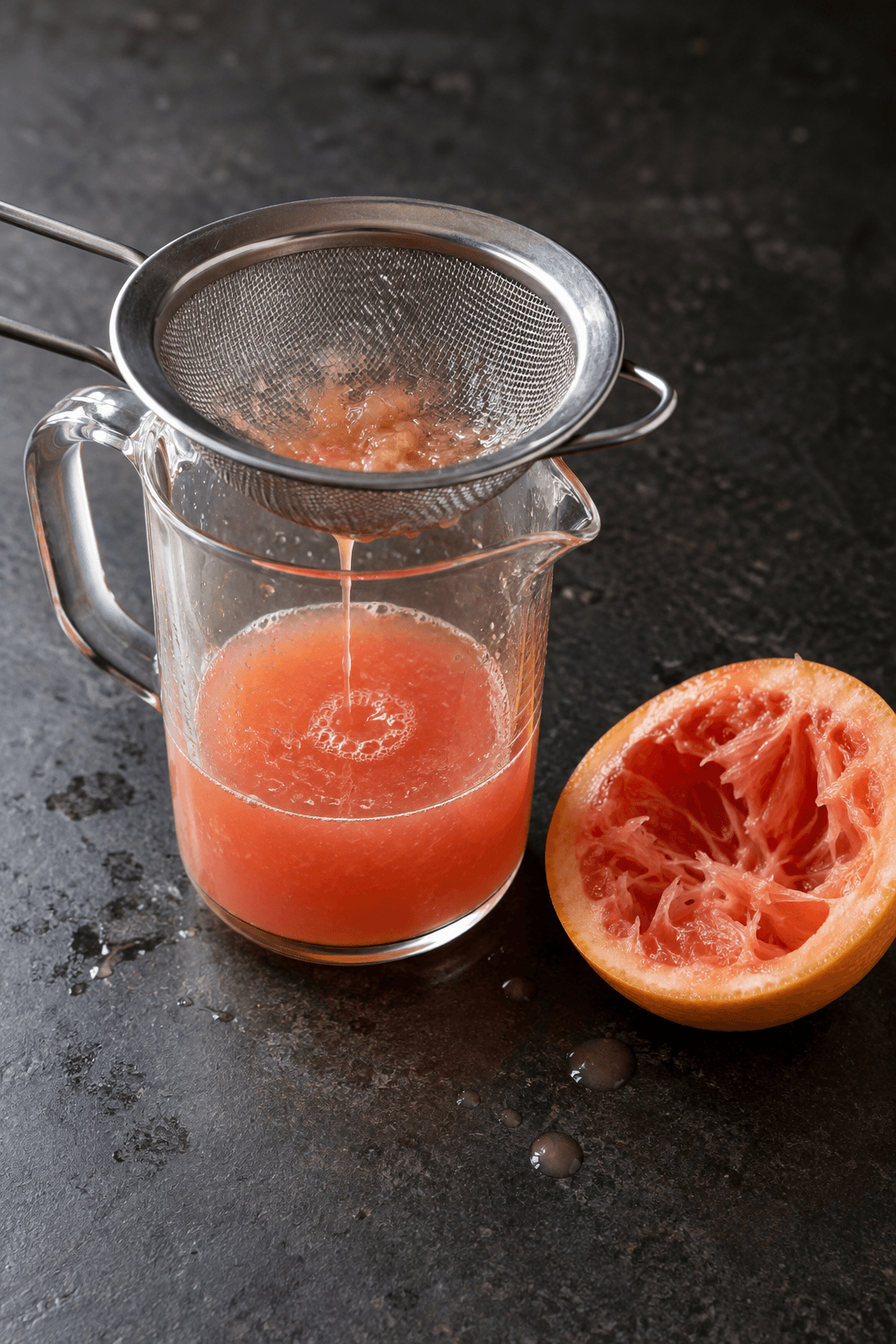 Frisk pink grapefrugtjuice sies i ét klart måleglas