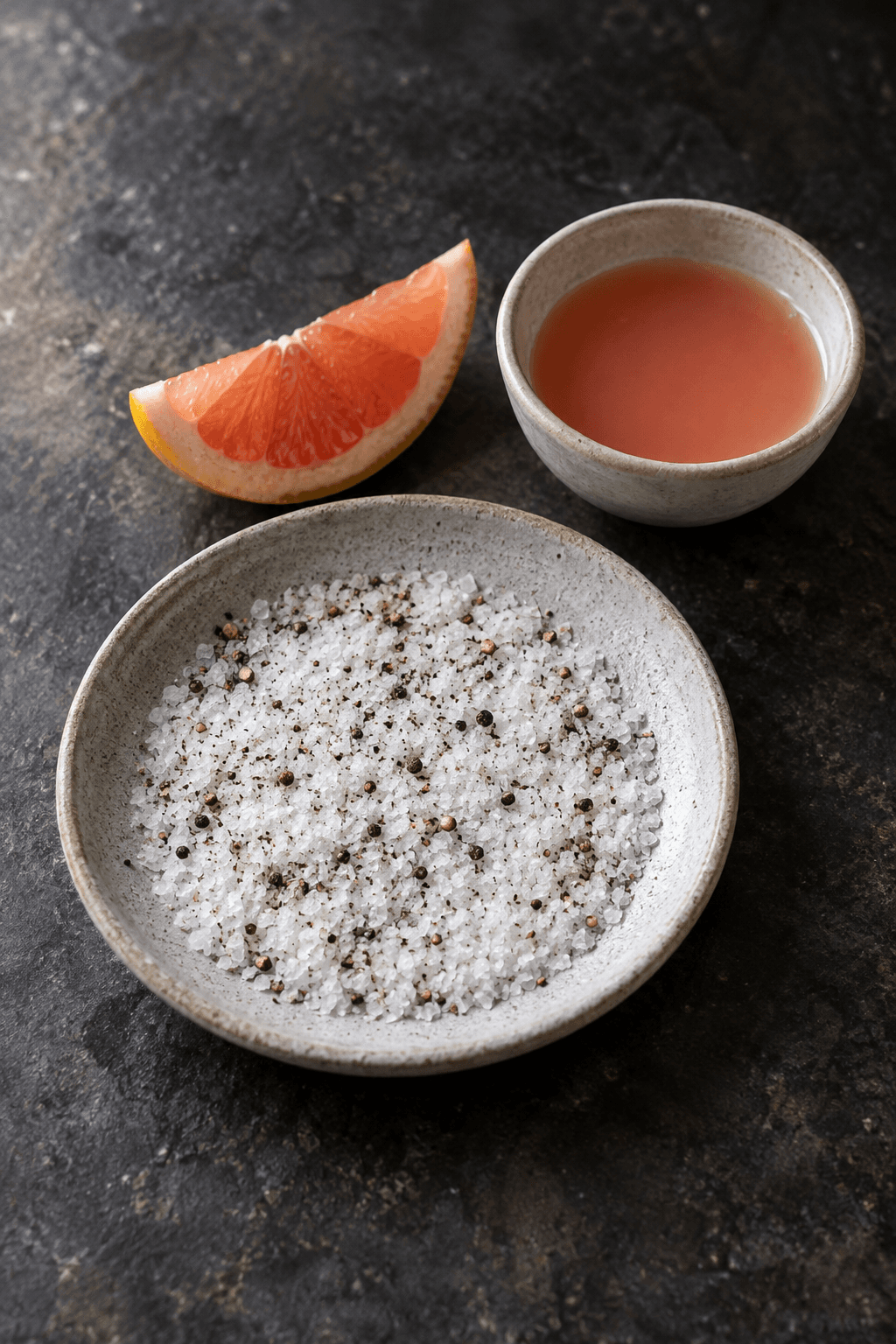 Flagesalt og lidt sort peber blandes på én tallerken ved grapefrugtjuice