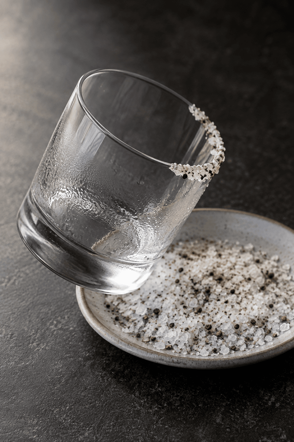 Ét tomt, afkølet glas får en halv kant af flagesalt og sort peber