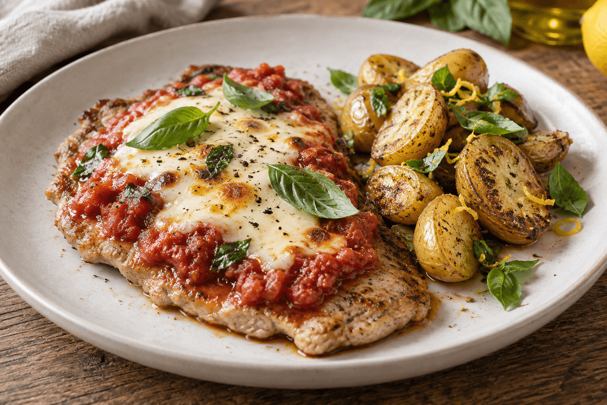 Schnitzel Napoli med tomatsauce, smeltet mozzarella, basilikum og sprøde citronkartofler