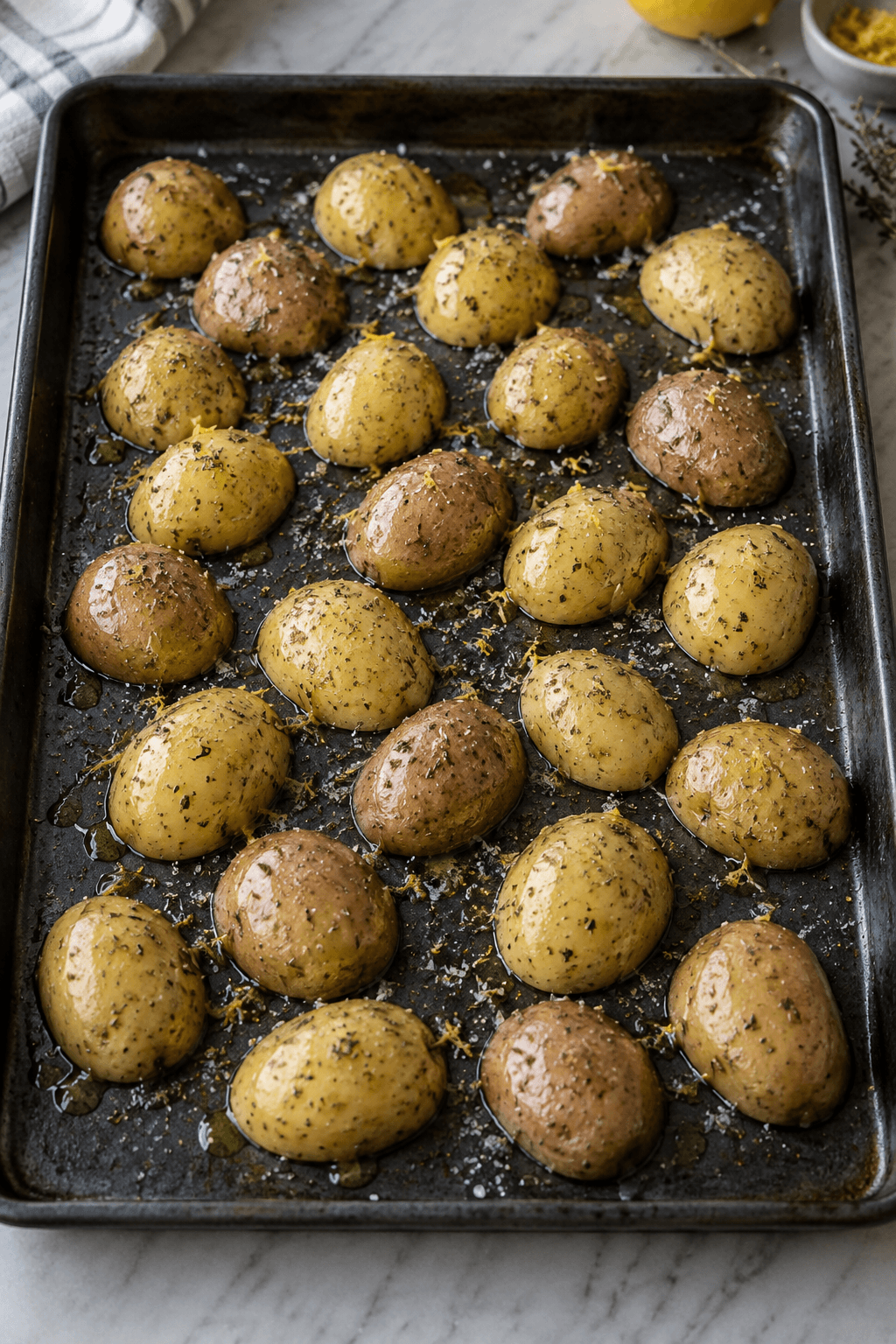 Halverede små kartofler med olie, citronskal og oregano på én bageplade