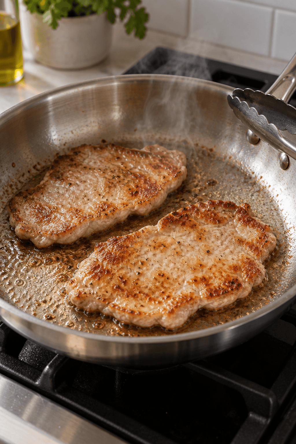 To ubrødede svineschnitzler brunes gyldne på én varm pande