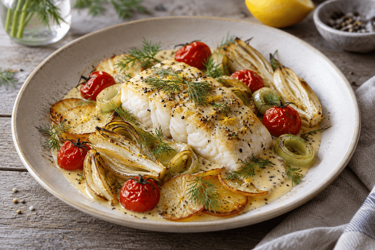 Sej i fad med kartoffel, fennikel, porre, tomat og citron-sennepsfløde