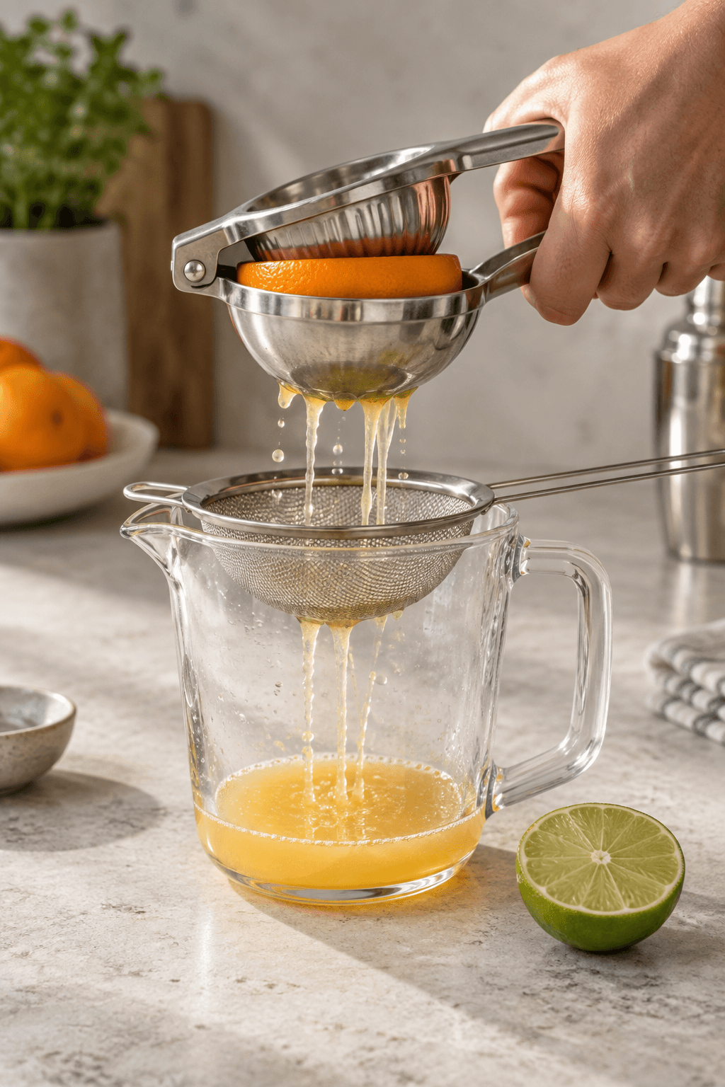 Frisk appelsin presses gennem en si til cocktailjuice med lime ved siden af