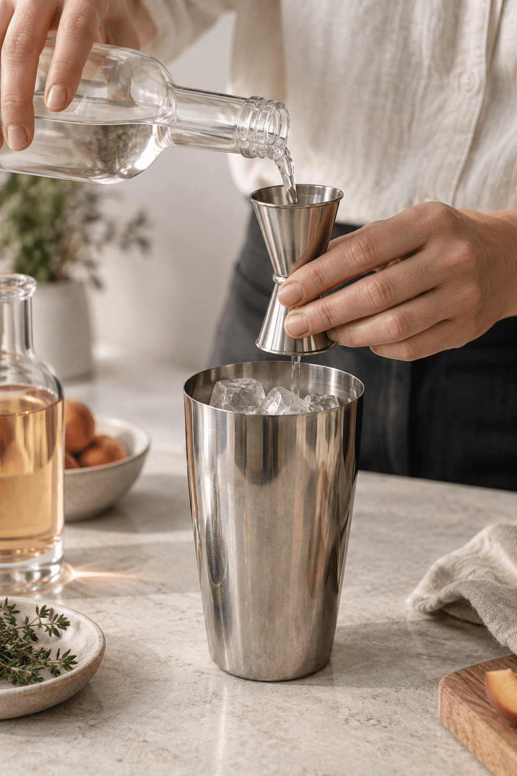 Vodka måles med jigger over en cocktailshaker med is