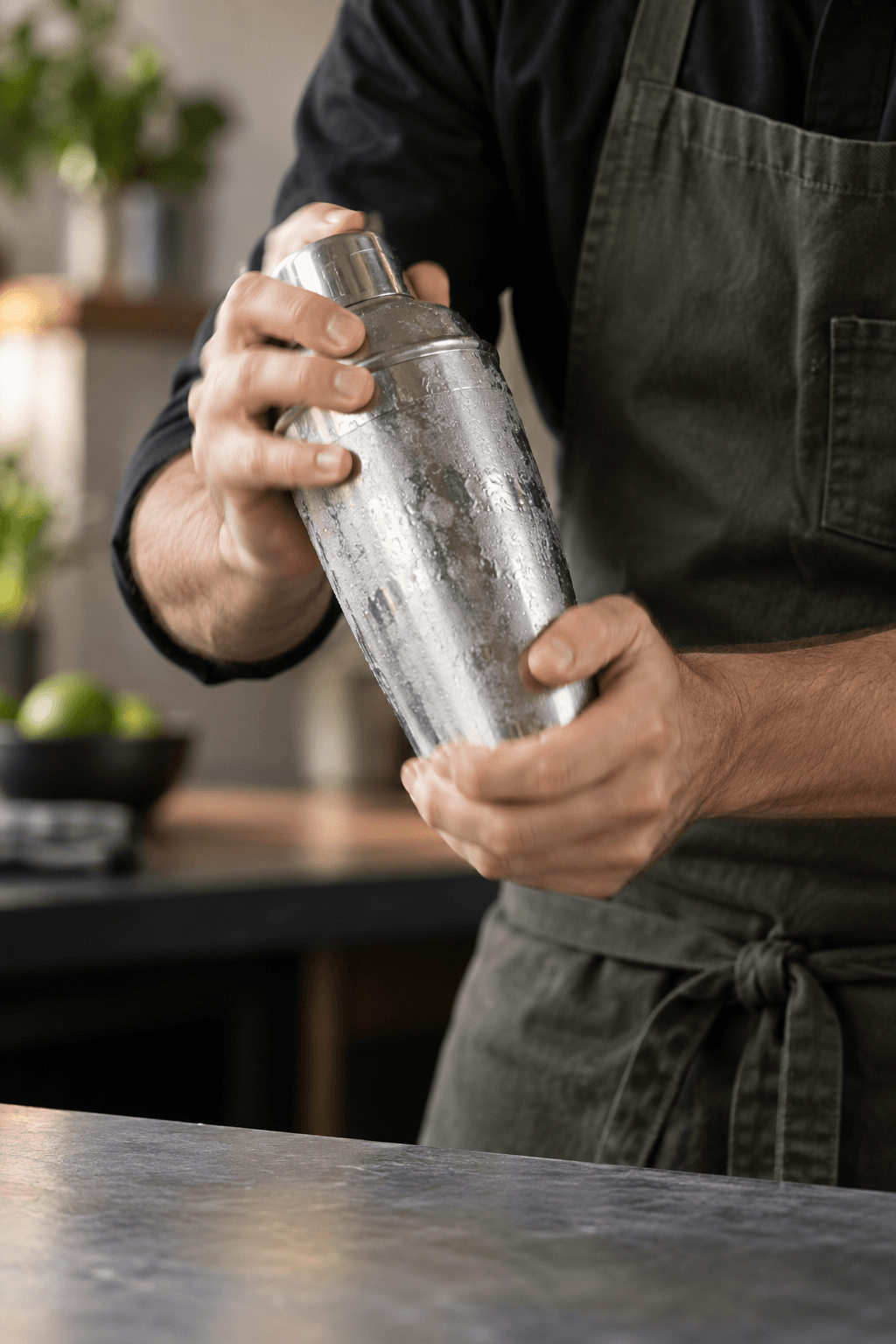 En lukket cocktailshaker rystes energisk og bliver frostkold