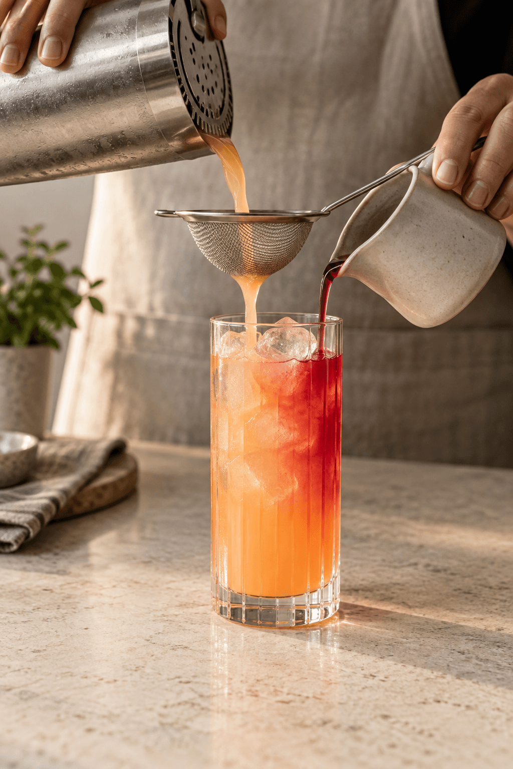 Cocktailbase og tranebærjuice hældes i et highballglas med is og danner en gradient