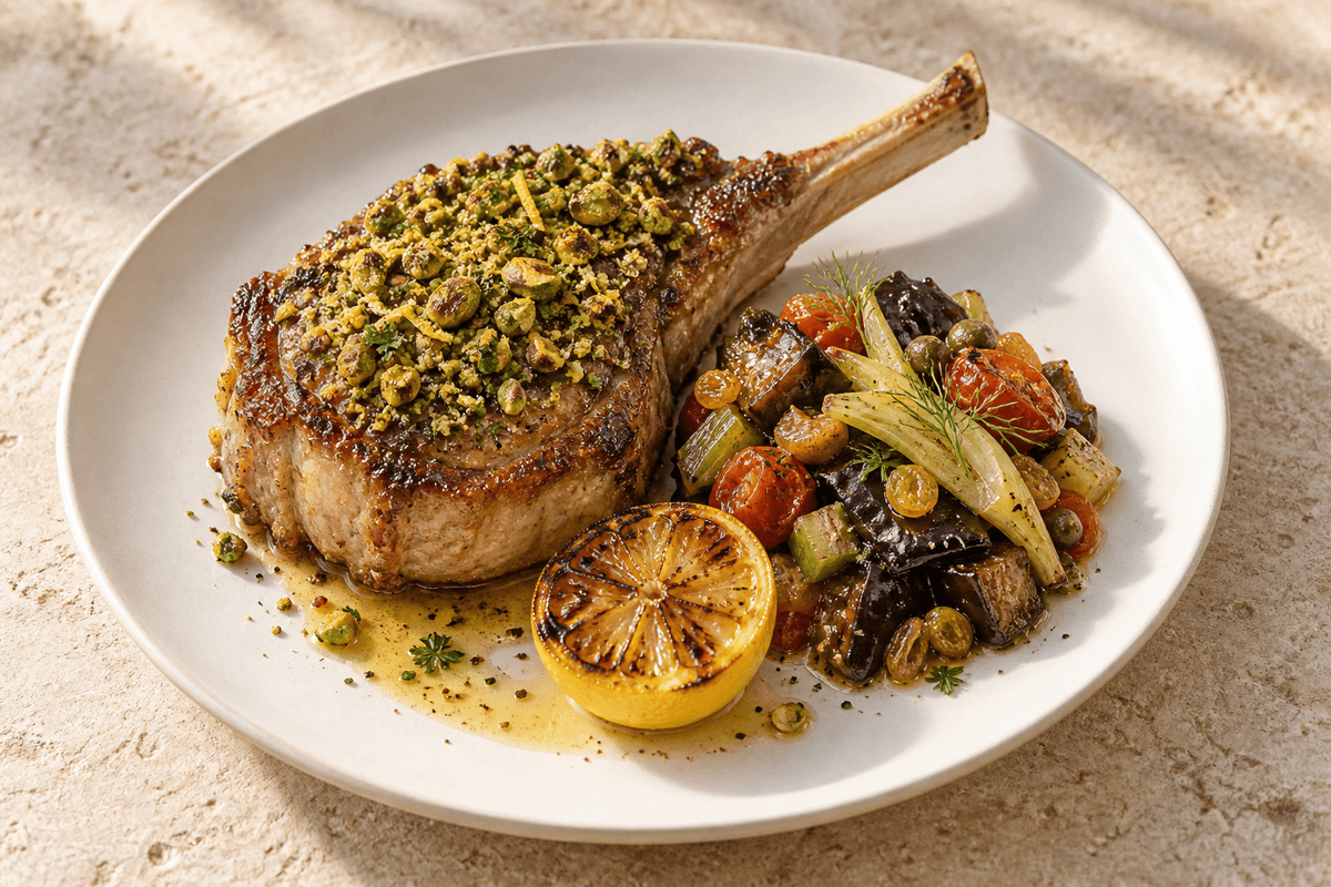 Siciliansk kalvekotelet med pistacie-citroncrust, fennikelcaponata og grillet citron