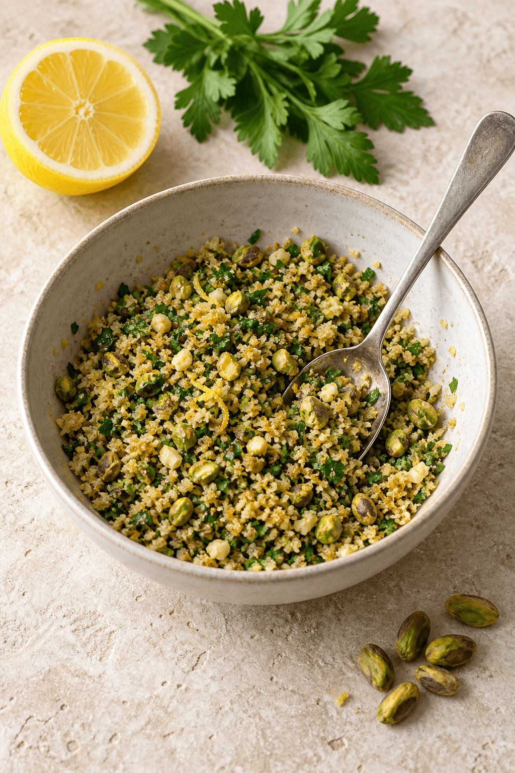 Grov pistacie-citroncrust med persille og rasp blandes i én skål
