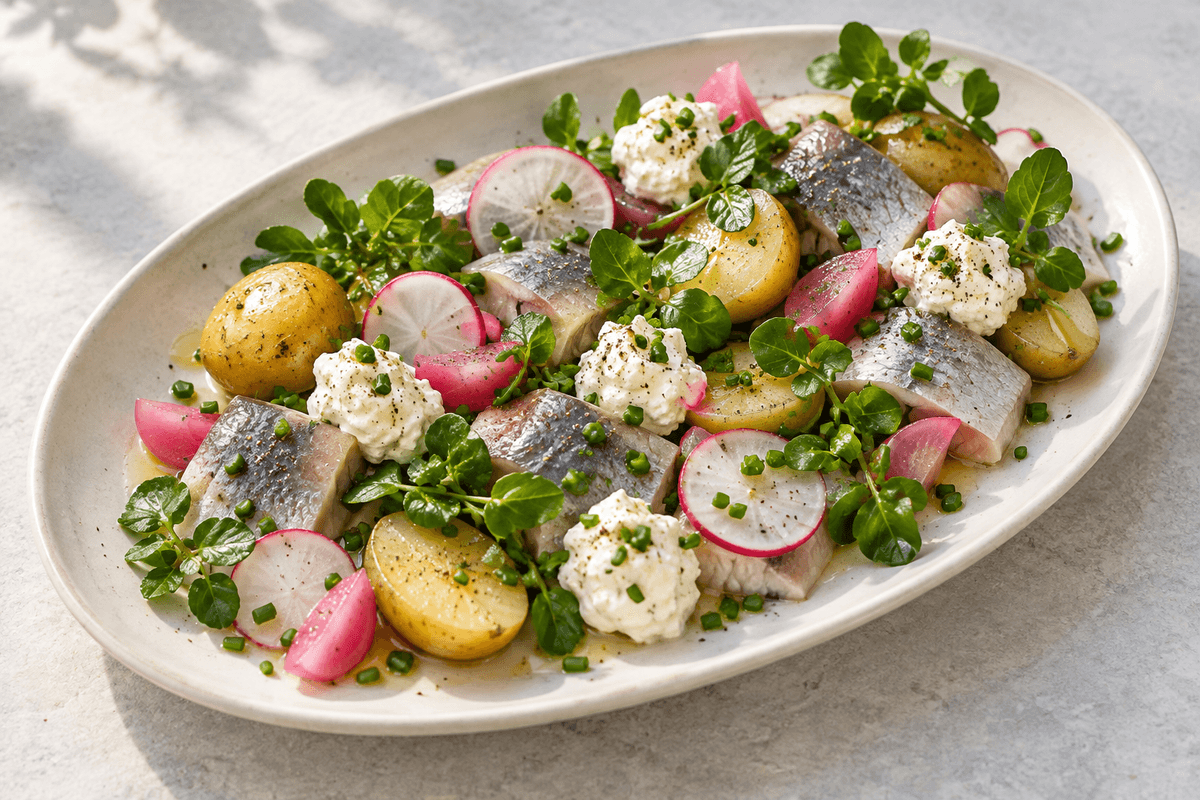 Sildefileter med lune kartofler, friske og syltede radiser, rygeostcreme, purløg og brøndkarse