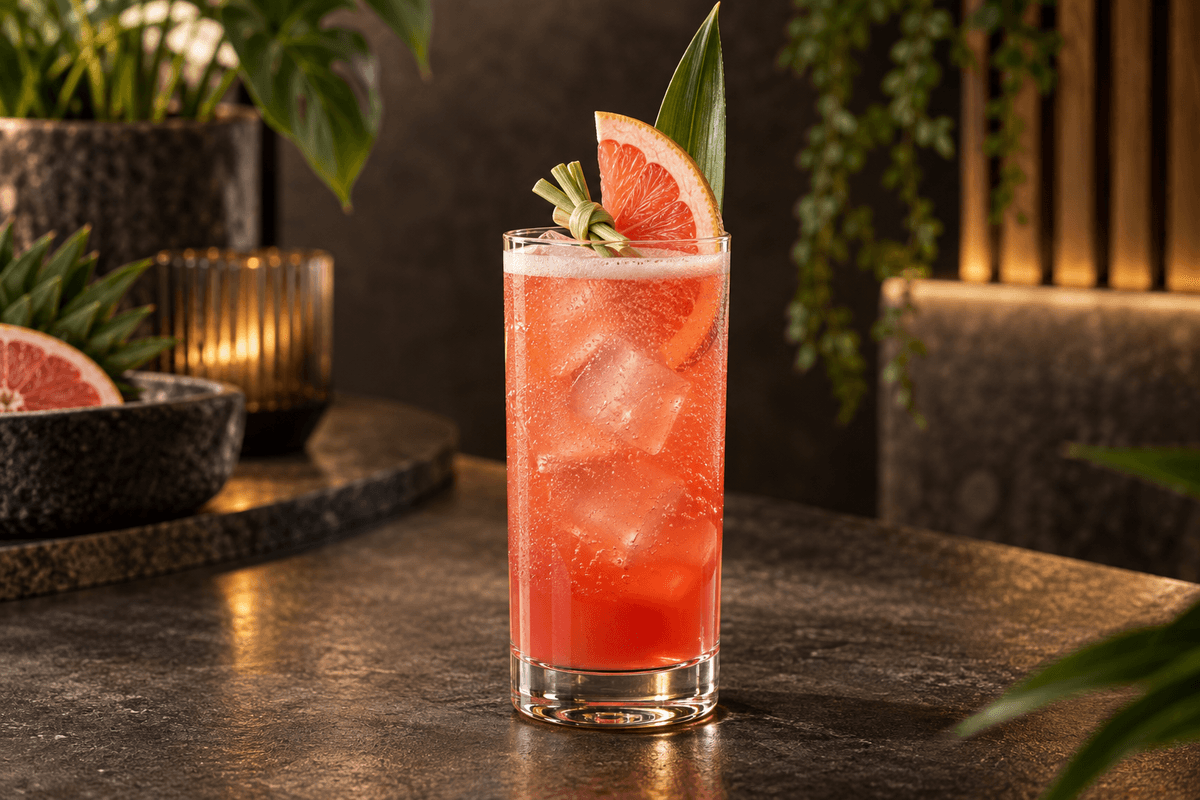 Singapore Sling med gin, kirsebær, ananas, pink grapefrugt og citrongræs