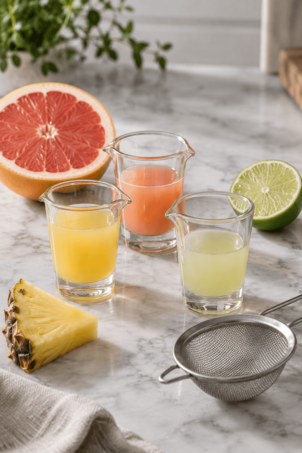 Ananas-, pink grapefrugt- og limesaft står siet i tre klare mål