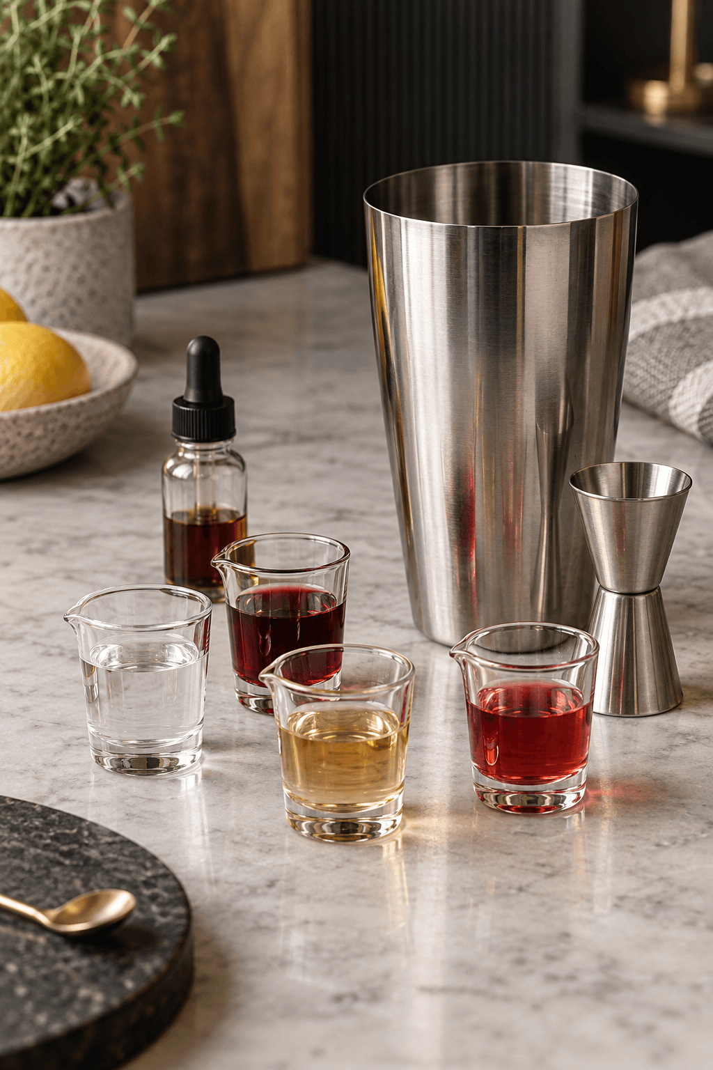 Gin, kirsebærlikør, appelsinlikør og rubinsirup står afmålt ved én shaker