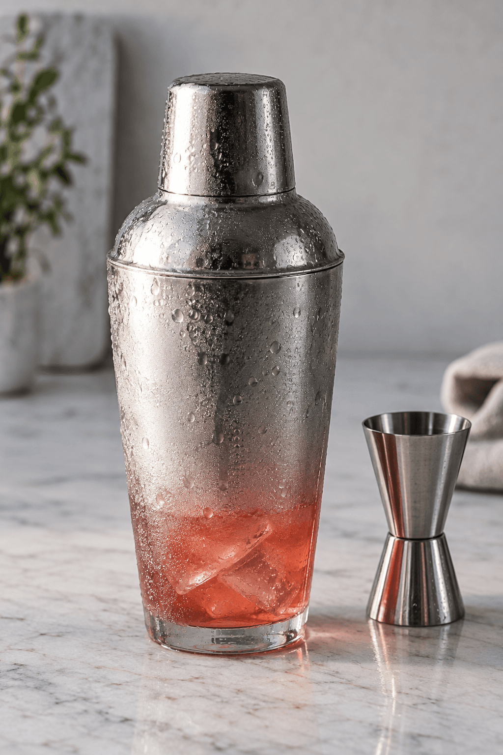 Koralrød Singapore Sling-base shakes med store isterninger i én dugget shaker