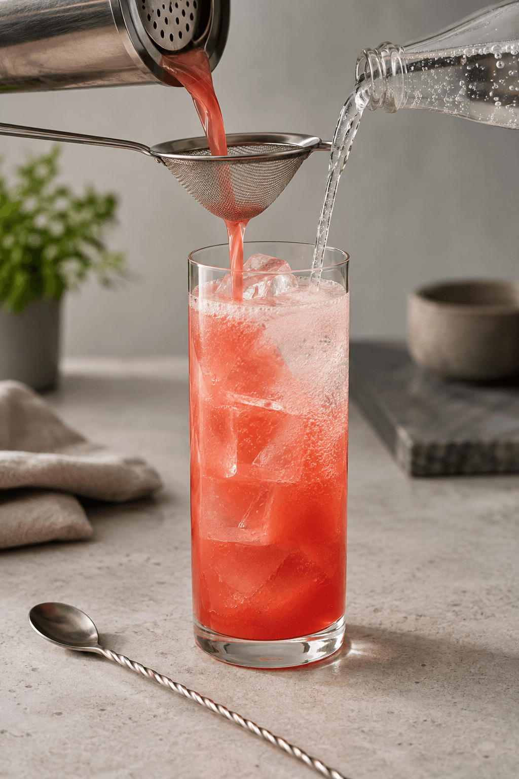 Koralrød Singapore Sling dobbeltsies over is og toppes med danskvand i ét glas