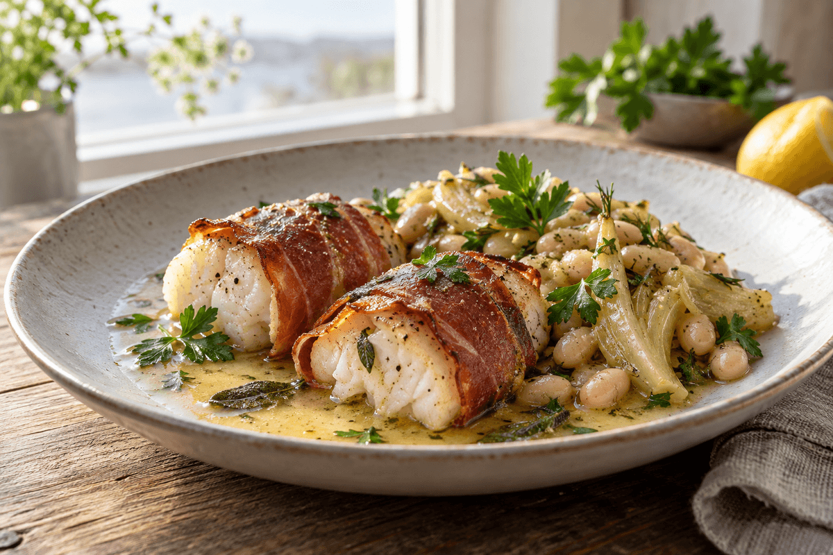 Skærisingruller i serranosvøb med fennikel, hvide bønner og citron-salviesauce