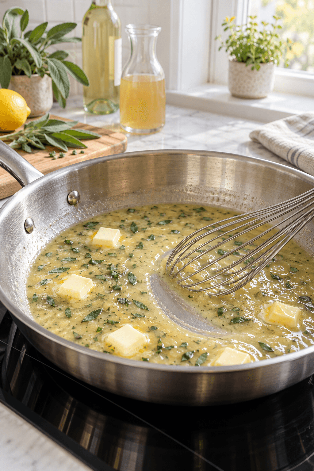 Blank citron-salviesauce monteres med kolde smørtern i én pande