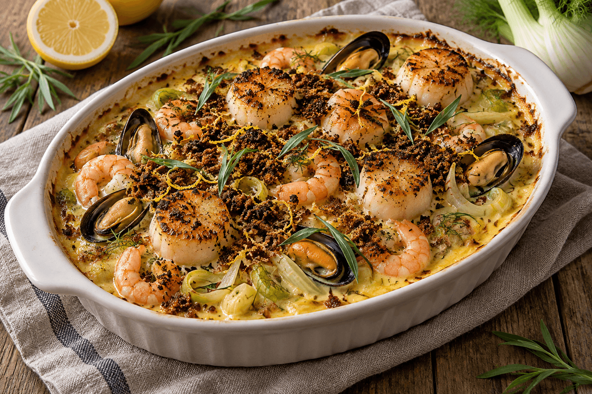 Skaldyrsgratin med rejer, kammuslinger, blåmuslinger, safransauce og rugcrumble