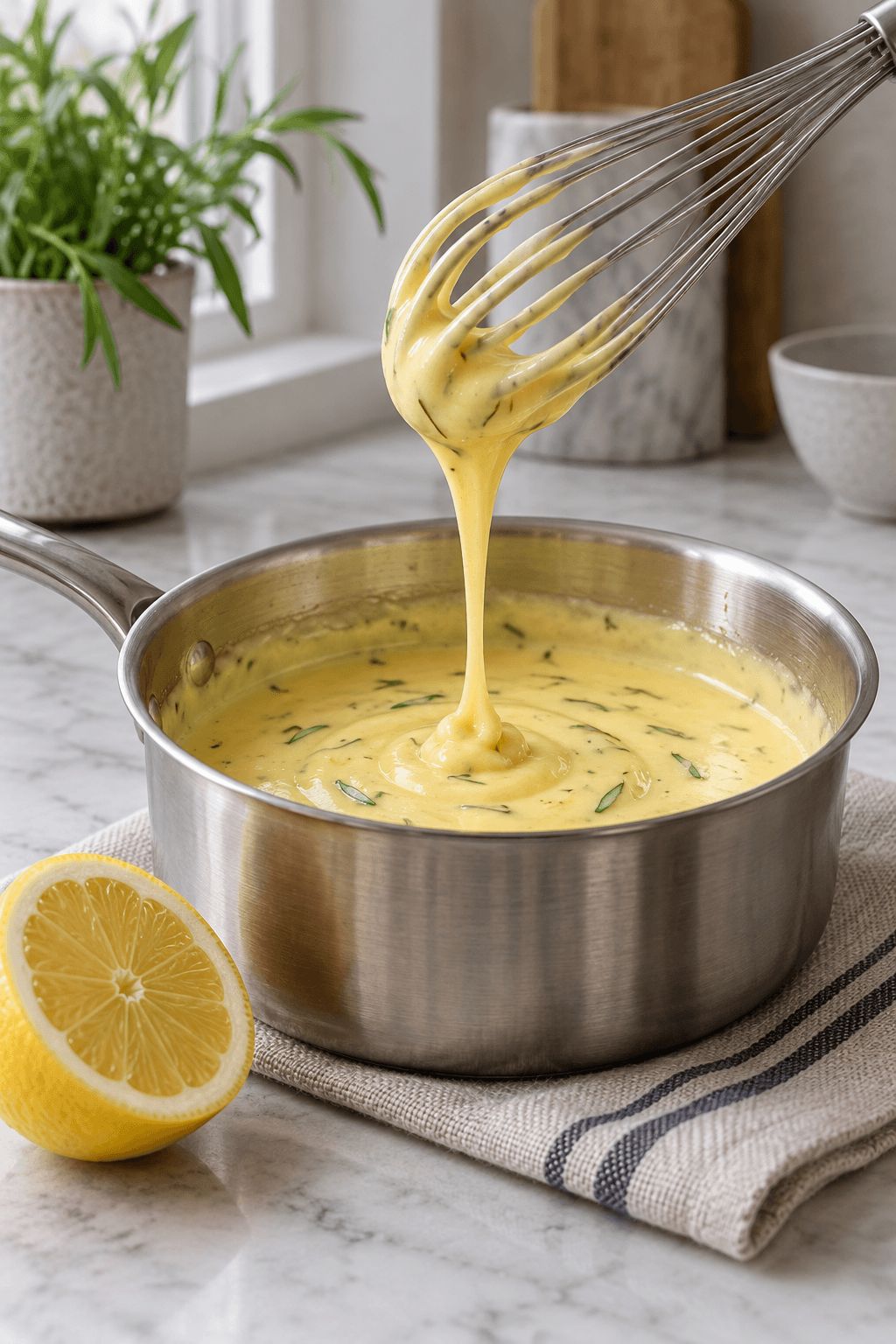 Lys safran-estragonsauce falder i et bånd fra piskeriset