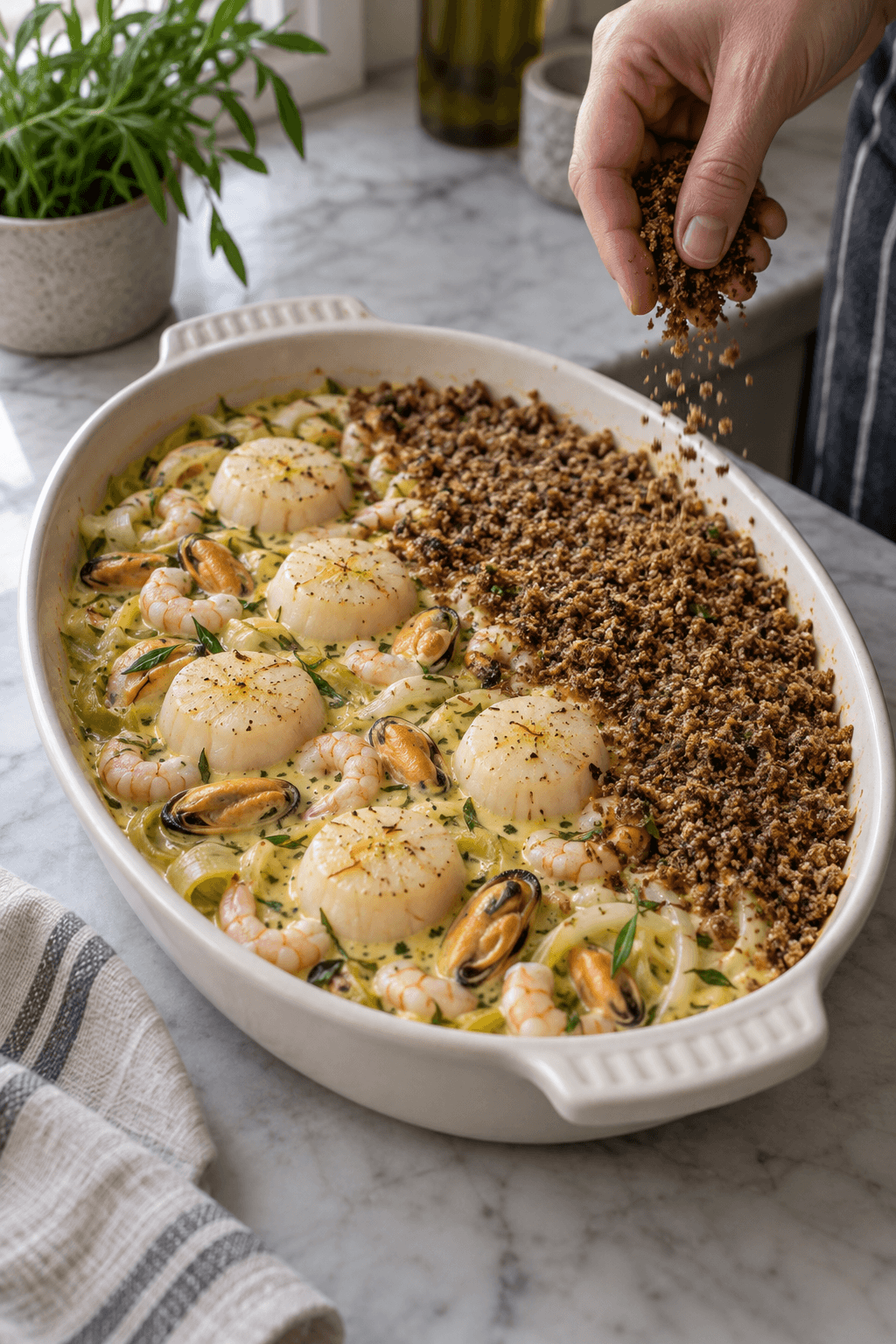 Skaldyrsgratin dækkes halvt med rugcrumble før kort gratinering