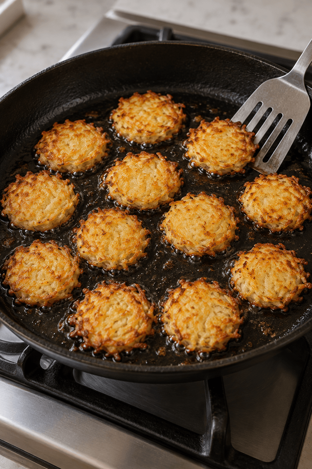 Tolv små runde kartoffelrösti steger gyldne i én sort pande