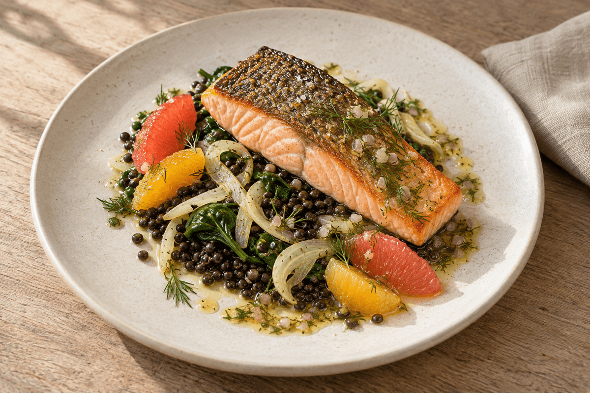 Skindstegt laksefilet med grapefrugt, appelsin, dildvinaigrette og lune belugalinser