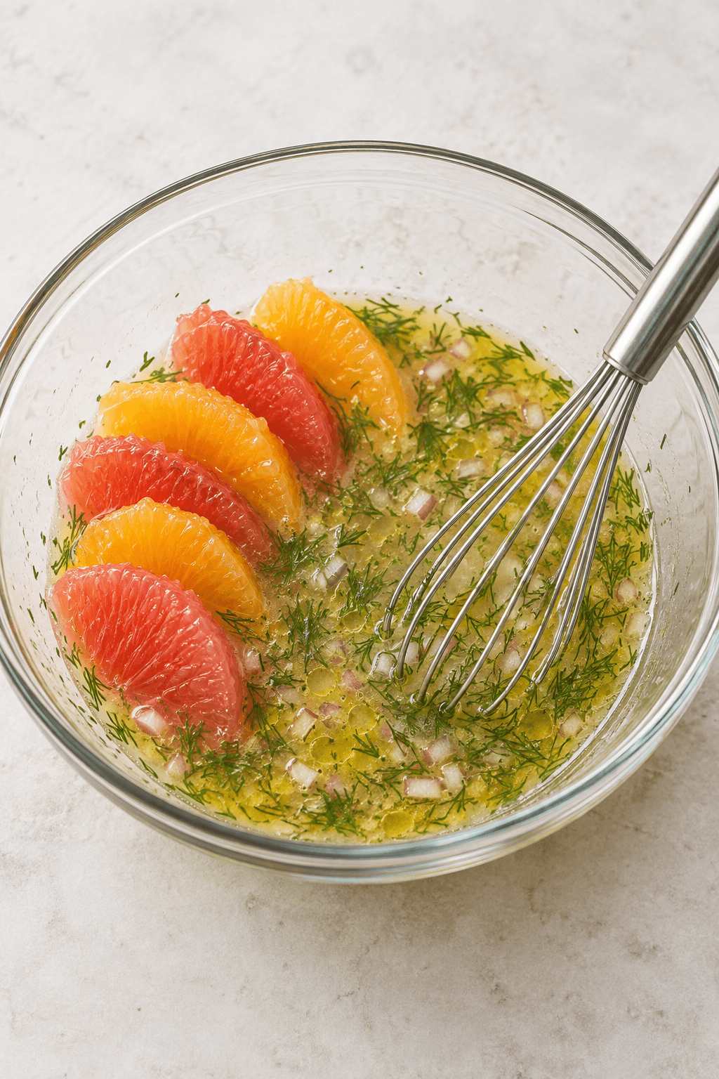 Klar grapefrugt-appelsin-dildvinaigrette piskes med hele citrusfileter i skålen