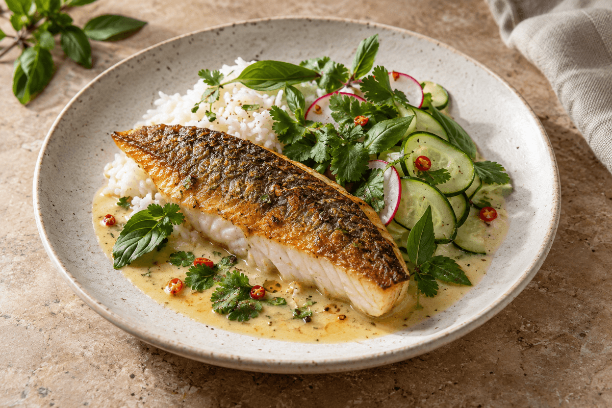En portion skindstegt multe med jasminris, citrongræs-kokossauce og syltet agurk-radisesalat