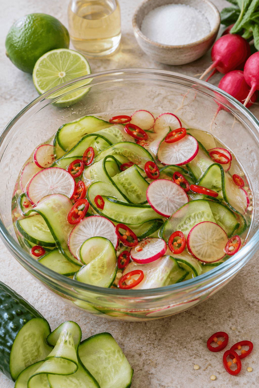 Agurkebånd og radiseskiver lynsyltes med lime og chili