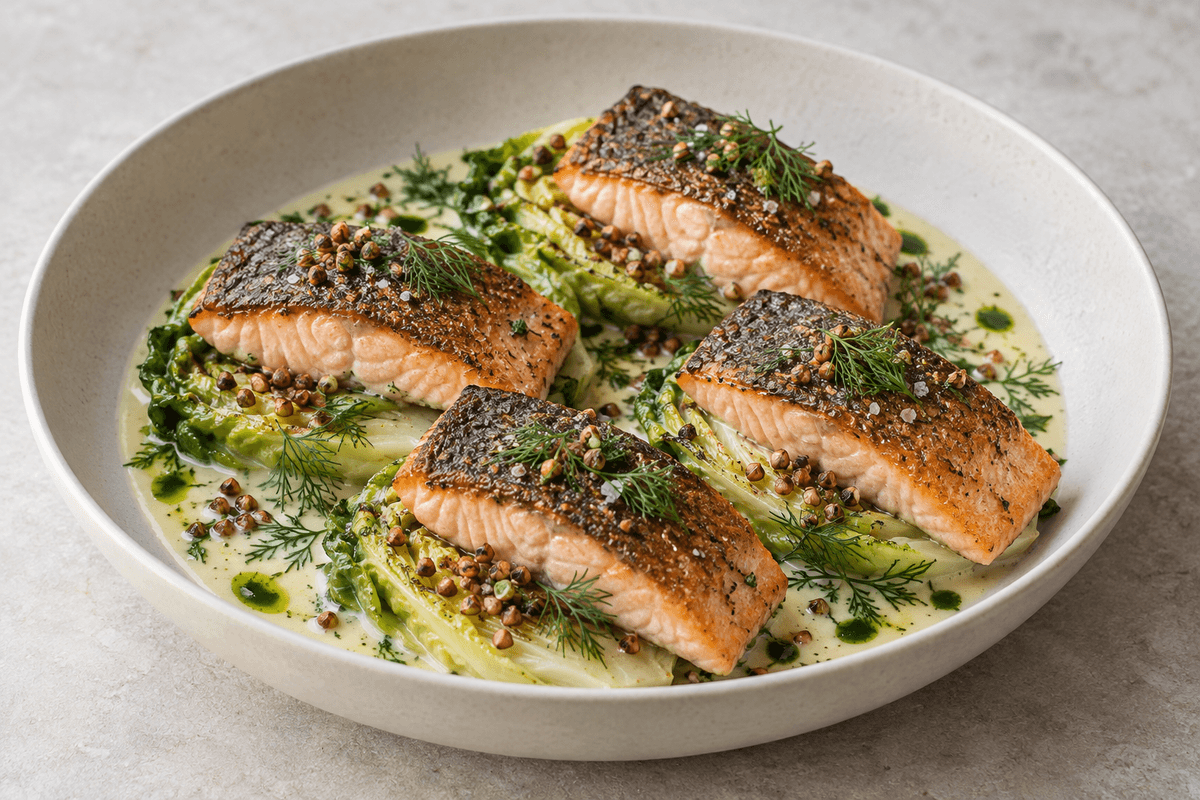 Skindstegte laksefileter med kærnemælks-citronsauce, braiseret hjertesalat og boghvedeknas