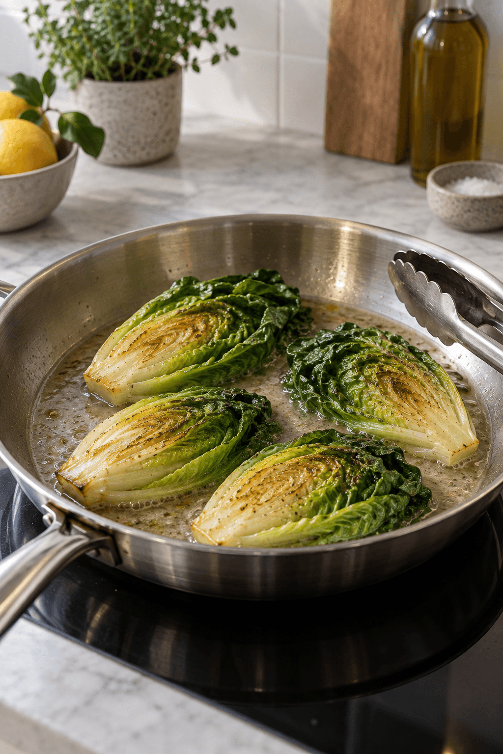 Fire halve hjertesalater brunes og braiseres let i citronbouillon