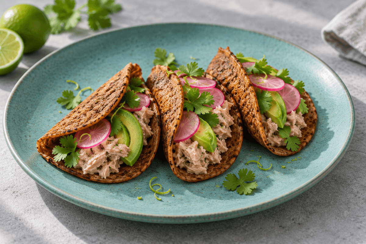 Tre små chili-boghvedepandekager med tun-limecreme, avocado og syltede radiser