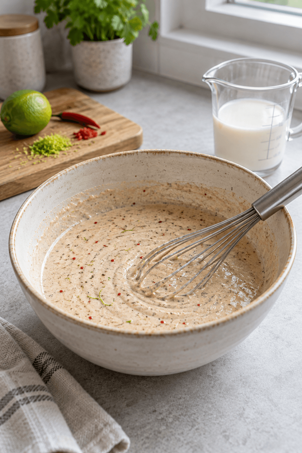 Boghvedepandekagedej med finthakket chili og limeskal piskes glat