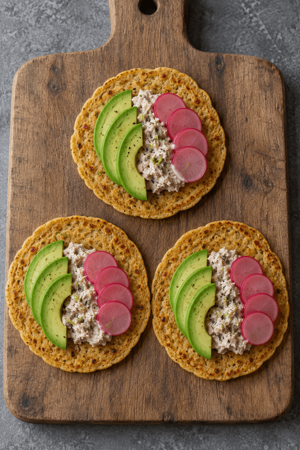 Tre åbne chili-boghvedepandekager med tuncreme, avocado og syltede radiser